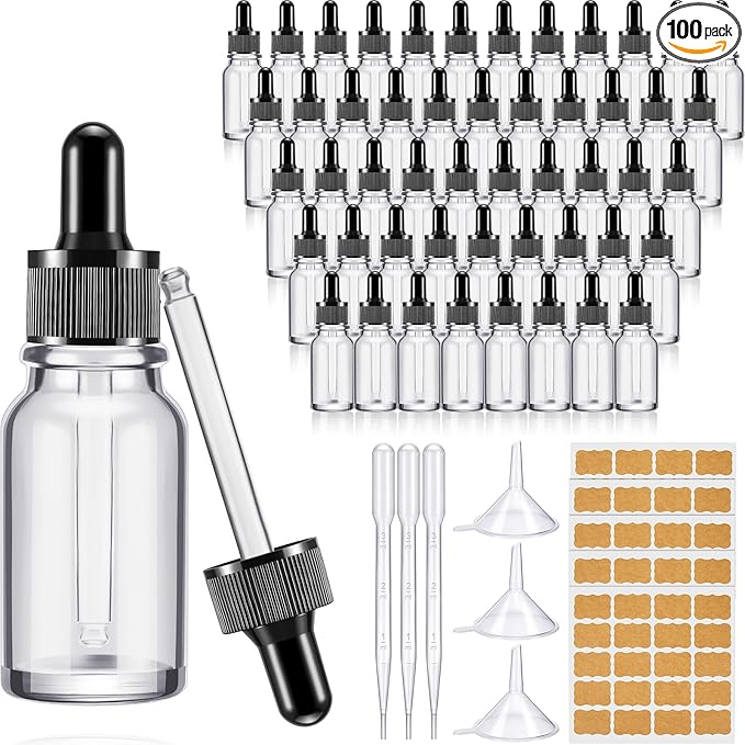 Lallisa 100 Pack Essential Oil Dropper Bottle 15 ml (1/2 Oz) Glass Dropper Bottles DIY for DIY Essential Oil Perfume with 5 Funnels 5 Pipettes 3ml 100 Labels for Bathrooms, Hotels, Labs (Clear)