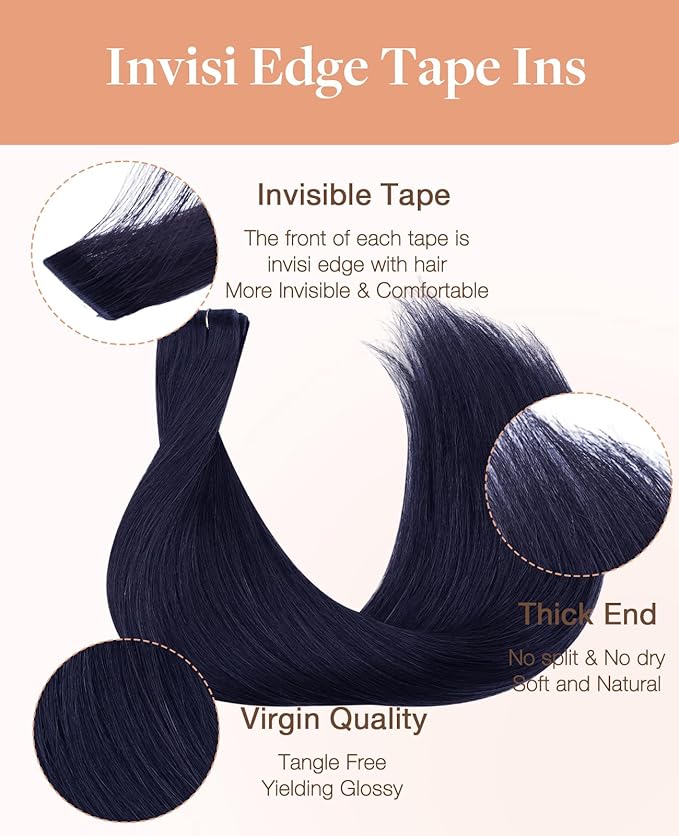 GOO GOO Invisi Edge Tape in Hair Extensions Human Hair, 1G Midnight Black, 20pcs 16inch 50g, Virgin Remy Hair, Seamless Injected Tape, Natural Look