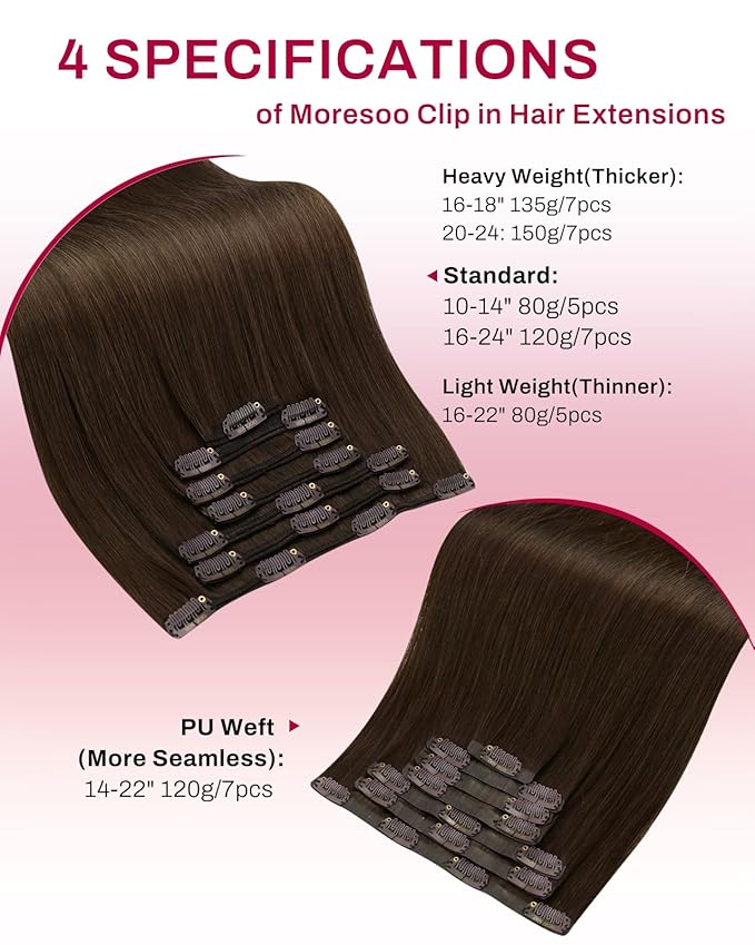Moresoo Human Hair Clip in Extensions Medium Brown Hair Extensions Clip ins Real Human Hair Brown Long Double Weft for Women Straight 120g/7pcs 16in