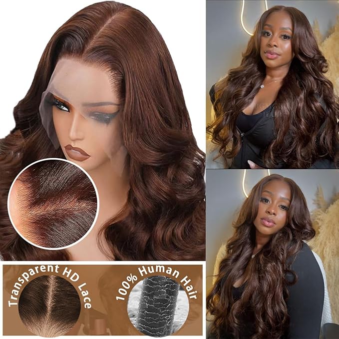 13x6 HD Lace Front twigs Human Hair Pre Plucked 200% Density Body Wave Chocolate Brown Lace Front Wig Brown Wigs Human hair 30inch for Women