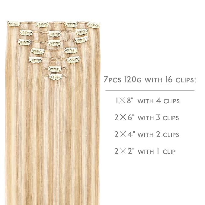 WENNALIFE Clip in Hair Extensions Human Hair 20 Inch 120g 7pcs Dirty Blonde Highlighted Bleach Blonde Hair Extensions Clip in for Women Real Human Hair Rallonge Cheveux Extensions