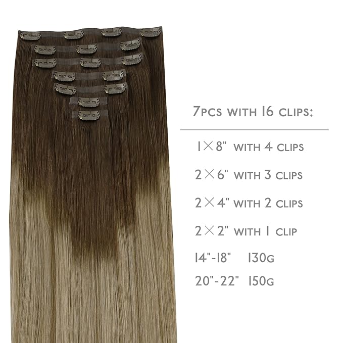 WENNALIFE Seamless Clip In Hair Extensions, 14 Inch 7pcs 130g Ombre Walnut Brown to Ash Brown and Bleach Blonde Real Human Hair Extensions