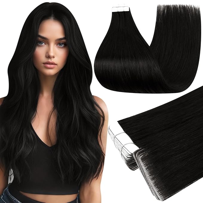 Full Shine Black Invisible Machine Remy Tape in Hair Extensions Human Hair Color 1B Double Sided Seamless Injection 16Inch Tape ins Real Human Hair Extensions 20Pcs 40G for Wedding Natural
