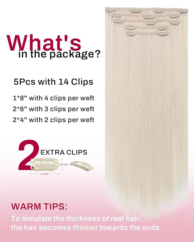 Moresoo White Blonde Clip in Hair Extensions Real Human Hair Blonde Clip ins Human Hair Extensions for Women Short Double Weft 80g/5pcs 14 inch