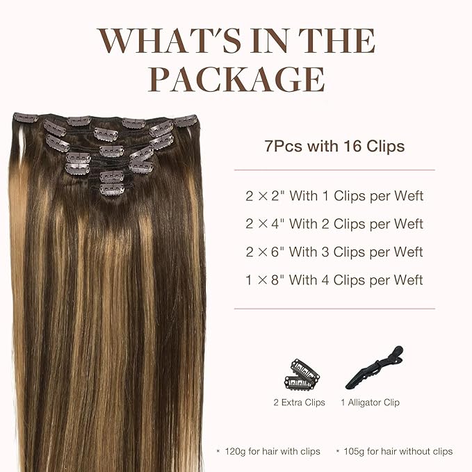 GOO GOO Clip in Hair Extensions Real Human Hair, Remy Human Hair Extensions Clip ins for Women, Natural Human Hair, 26inch 135g 7Pcs, 4/27/4 Balayage Chocolate Brown to Caramel Blonde