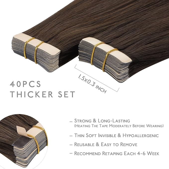 WENNALIFE Tape in Hair Extensions Human Hair, 40pcs 100g 24 inch Chocolate Brown Hair Extensions Real Human Hair Straight Tape in Extensions Invisible Human Hair Extensions Reusable Hair Extensions