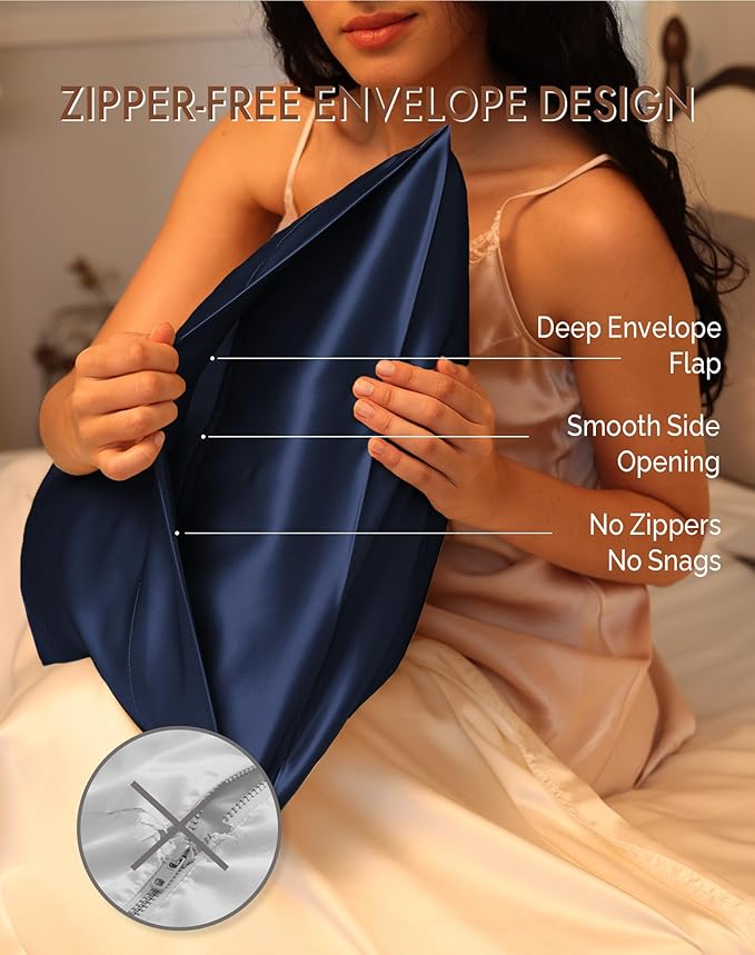 SilkSilky 100% Mulberry Silk Pillowcase - Pure 22 Momme High-Grade 6A Fibers for Hair & Skin, Envelope Closure, Natural, Organic, Breathable & Cooling Pillow Case (King, Dark Blue)