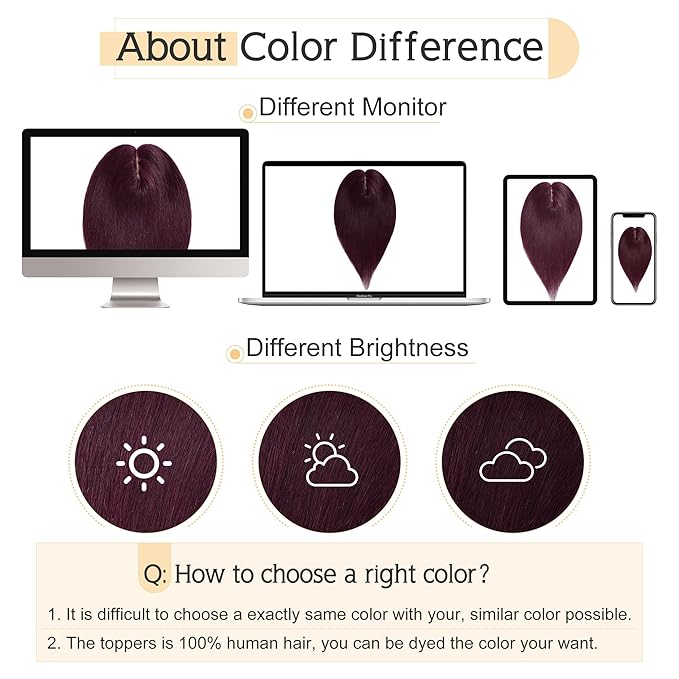 SEGO Human Hair Toppers for Women With Thinning Hair, 7 * 13CM Silk Base 100% Real Human Hair Clip in Top Wiglet Hairpieces /12 Inch No Bangs Wine red