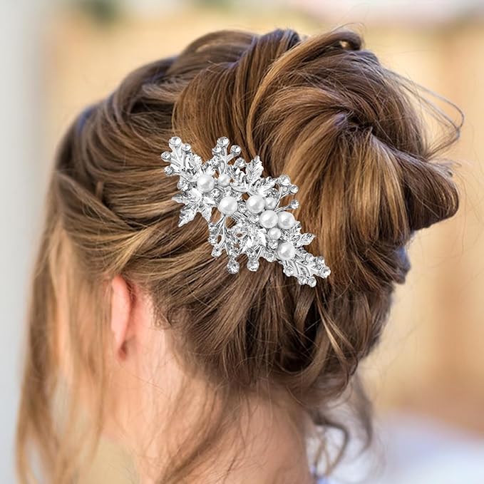 4PCS Rhinestone Pearl Hair Clips, Wedding Bridal Leaf Hair Barrette, Sparkly Glitter Hair Pins Accessories for Women and Girls
