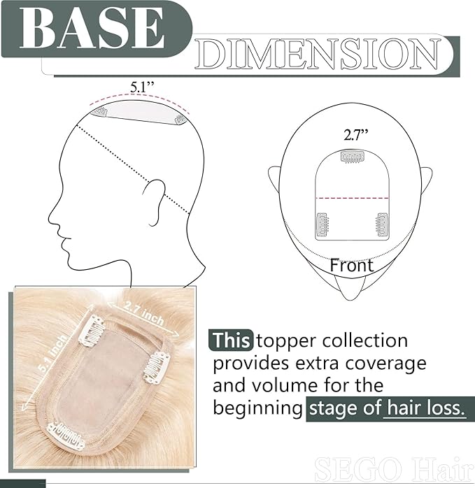 SEGO Hair Toppers for Women Real Human Hair with Thinning, with Front Bangs Clip in Toppers Straight 150% Density Silk Base -10 Inch #18/613 Ash Blonde Mix Bleach Blonde