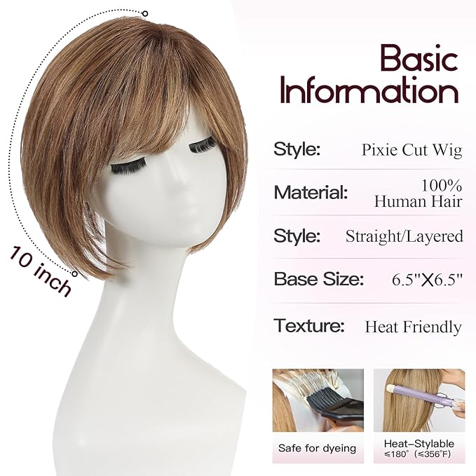 EMMOR Human Hair Toppers for Women Short Bob Real Hair with Bangs 10" Side Part Hairpieces for Women with Thin Hair 6.5" × 6.5" Larger Base Human Wig Toppers(Mixed Brown)