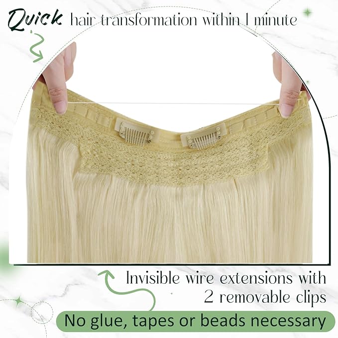RUNATURE Wire Hair Extensions, Bleach Blonde Human Hair Extensions with Fish Line, Secret Clip in One Piece Extensions, Natural Remy Hair, Can Be Styled, 20 Inch 100g #24
