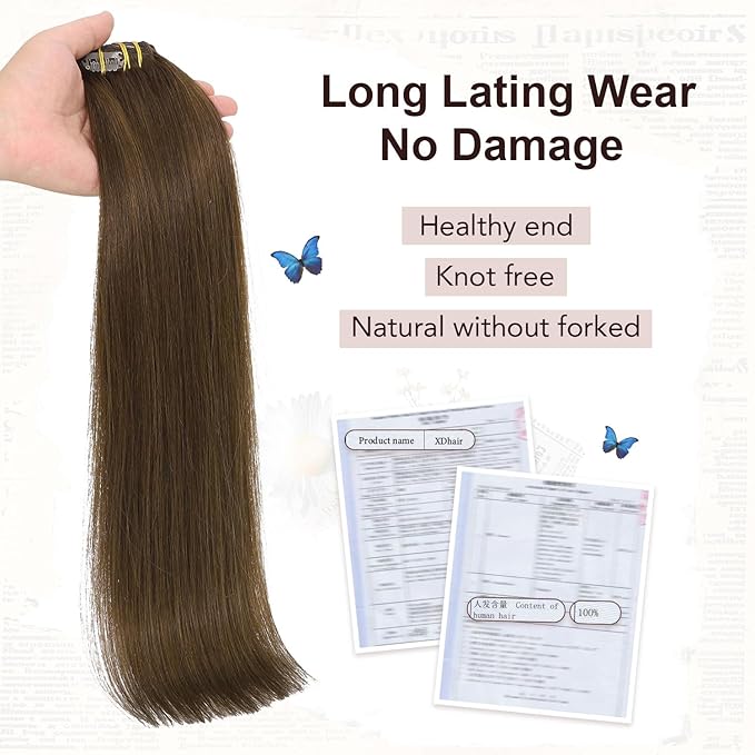 XDhair Clip in Hair Extensions Human Hair,100g 16 Inch Medium Brown Clip in Hair Extensions Real Human Hair for Women Silky Straight Real Hair 6pcs #4 16 Inch