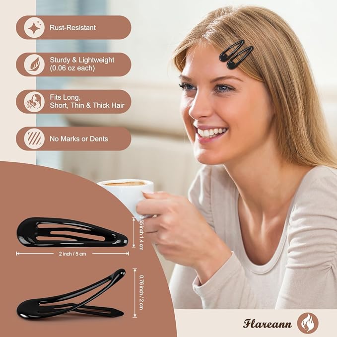 Glossy Black Snap Hair Clips by FLAREANN – 50 PCS 2 Inch Non-Slip Metal Hair Barrettes for Women – Classic Black Hair Clips for Daily Styling & Minimalist Accessories