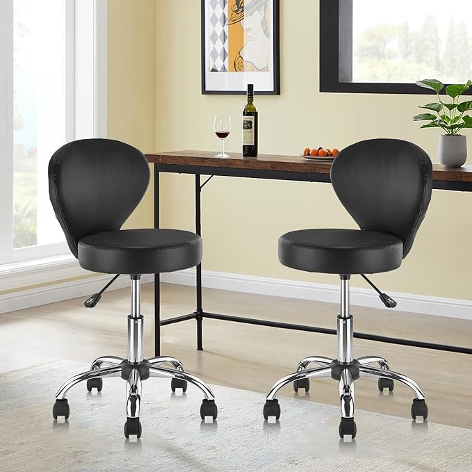 Leather Rolling Swivel Salon Stool Chair with Back Support Adjustable Hydraulic Seat Height 22 in for Office Massage Facial Spa Medical Drafting Tattoo Beauty Barber