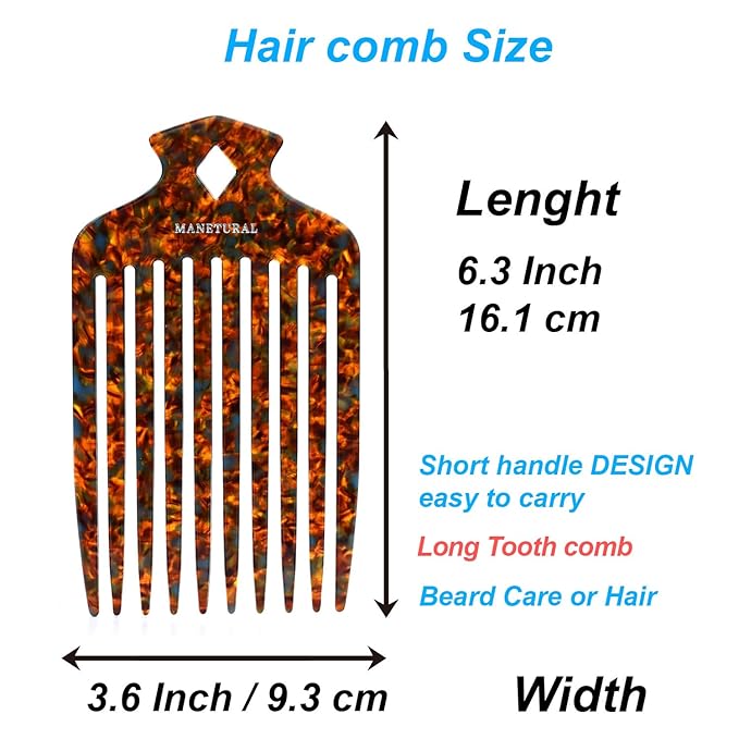 15N Professional Afro Hair Pick for Ultimate Curl Definition, Ideal for Men, Women, and Kids, Cellulose Acetate Long Tooth comb 6.3 inch(16cm) (Tortoise, 1 PACK)