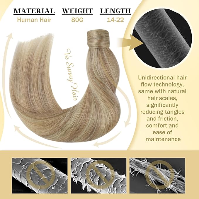 Ve Sunny Hair Extensions Ponytail Real Human Hair Wrap Around Clip in Ponytail Hair Extensions Straight Extensions Human Hair for Women Blonde Highlights for Women Warm Color 22inch 80G
