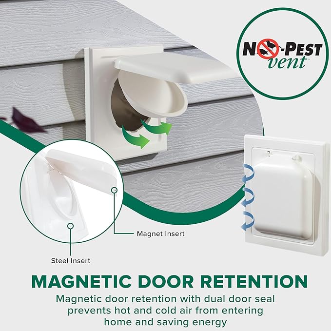 NO-PEST VENT, Exclusive Dual Door Dryer Vent Cover Outdoor 4 inch or Bathroom fan, Made in USA w Highest UV Resistant Plastic in any Outdoor Vent Cover (White, 4 inch With 12" Duct Tube)