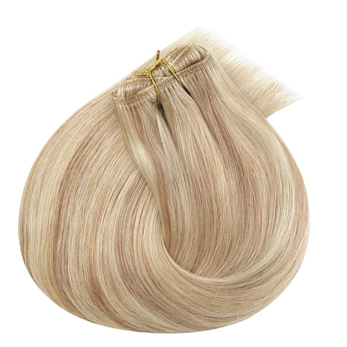 Ve Sunny 24 inch Remy Clip in Hair Extensions Long Human Hair Extensions Blonde Highlight for Women Warm Color Real Human Hair Clip in Extensions Straight 120g 7pcs