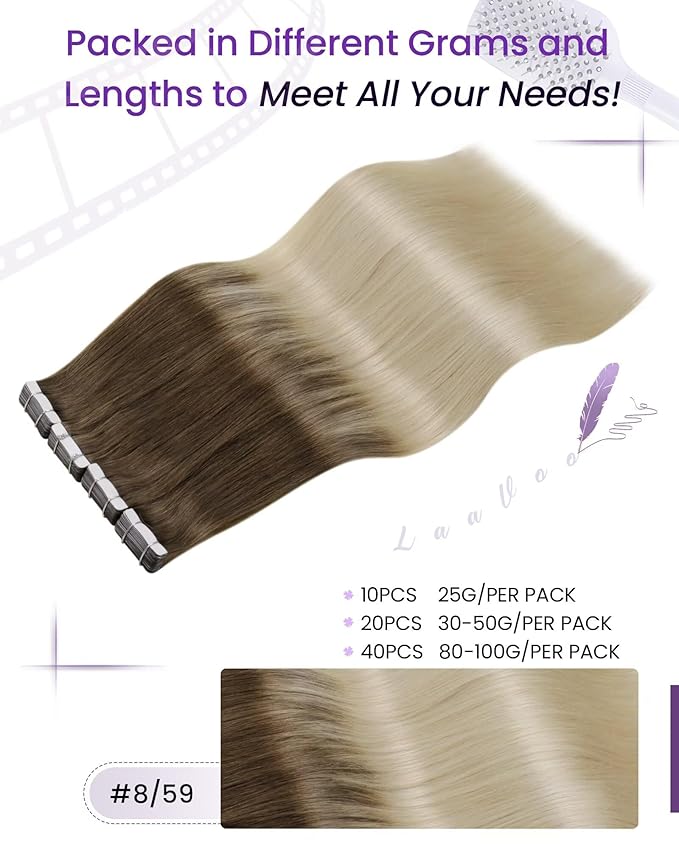 LaaVoo Human Hair Tape in Extensions Balayage Light Brown Fading to Light Blonde Tape in Hair Extensions Human Hair Invisible Tape on Human Hair Extension Real Hair 16inch 20pcs 50g