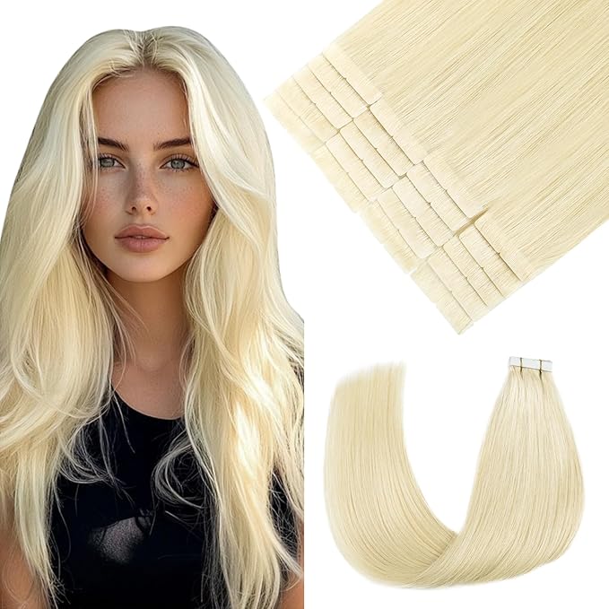 Pinkpearl Invisible Tape in Hair Extensions Human Hair, 20pcs 14inch 40g #60 Platinum Blonde Injection Tape in Extensions Real Remy Straight Seamless Silky Human Hair Injected