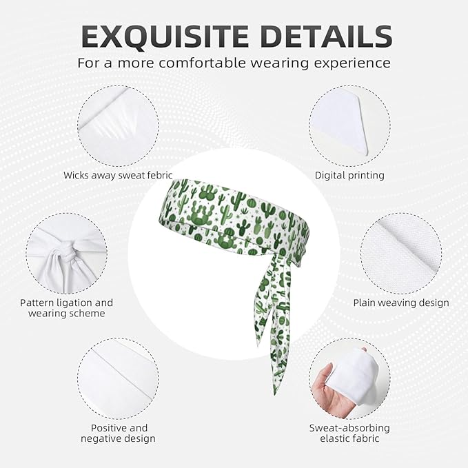 Men Women Beauty Skinny Sports Sweat Band Hand Decor for Running Travel Spa, Long Boho Style Floral Cactus Hair Band Headdress