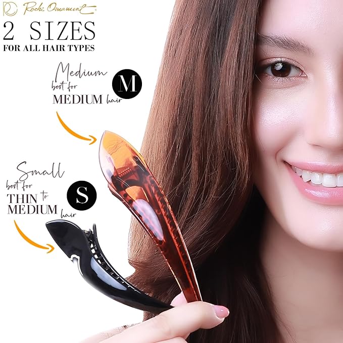 RC ROCHE 6 Pcs Duck Bill Alligator Hair Clips for Women Sectioning Flat Claw Long Thick Hair Inner Teeth Curved Styling Jaw Strong Secure Grip Salon, Medium Brown