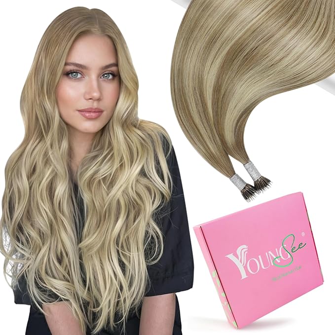 YoungSee Nano Hair Extensions Human Hair Ombre Nano Ring Hair Extensions Light Brown with Platinum Blonde Nano-Bead Hair Extension Human Hair Balayage Brown 14inch 50g 50s for Wedding