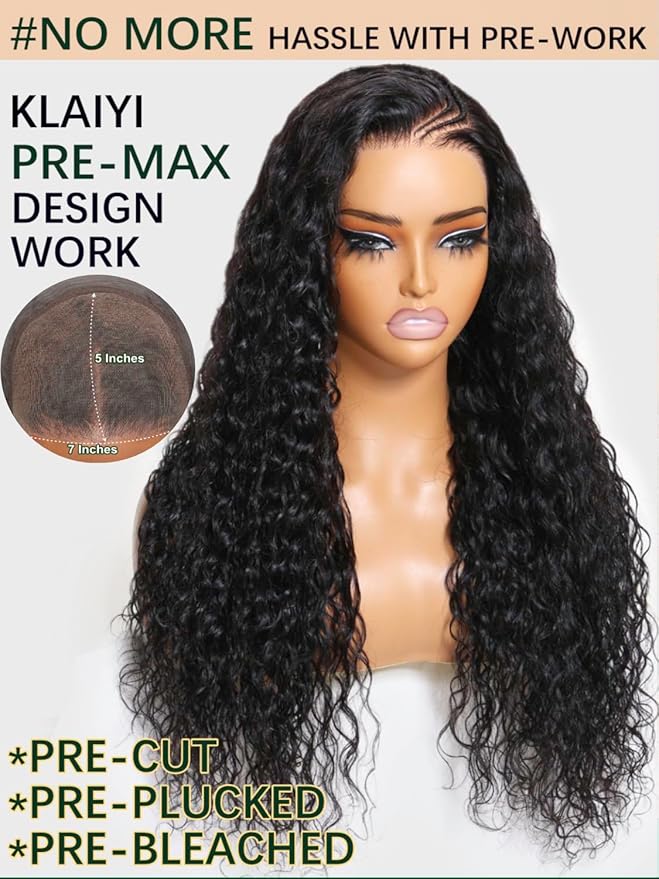 KLAIYI Bye Bye Knots Glueless Wig Pre Cut Water Wave HD Lace Front Wigs Human Hair Pre Bleached Pre Plucked Ready to Go Wigs for Women 30S Easy to Wear Put On and Go Curly Wig Beginner Friendly 20Inch