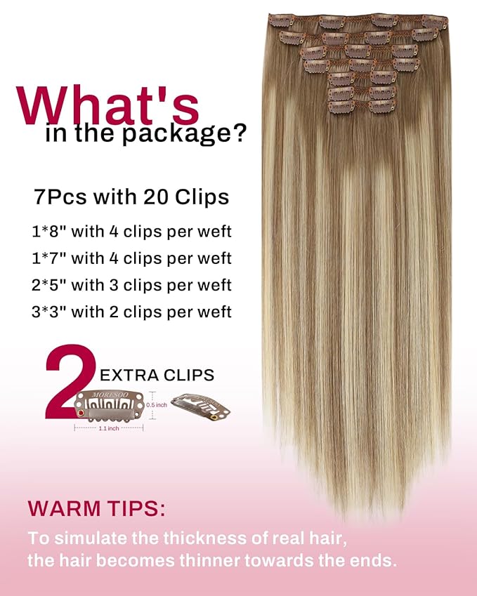 Moresoo Clip in Hair Extensions Real Human Hair Light Brown to Medium Blonde Balayage Clip ins Human Hair Extensions Double Weft Ombre Light Brown to Medium Blonde Thick 135g/7pcs 16in