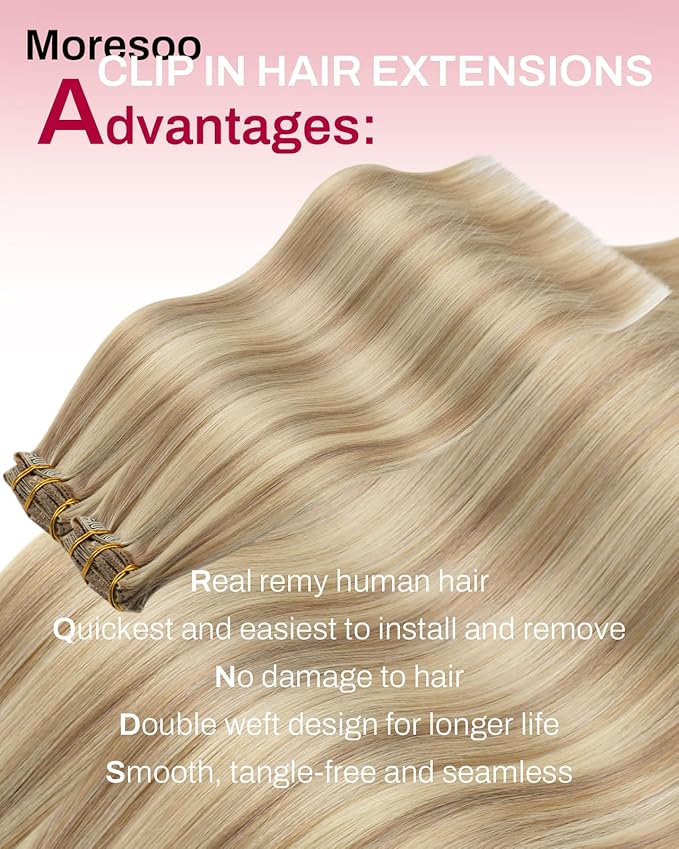 Moresoo Clip in Hair Extensions Remy Double Weft Human Hair Clip in Extensions Straight Hair Extensions for Women Dark Ash Blonde Highlight with Golden Blonde 7pcs 120g 24inch