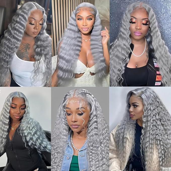 30 32 34 Inch Grey Bundles Human Hair Silver Deep Wave Bundles Niegmeag Brazilian Virgin Remy Hair Extensions Double Weft Soft And Silky Gray Deep Wave Bundle