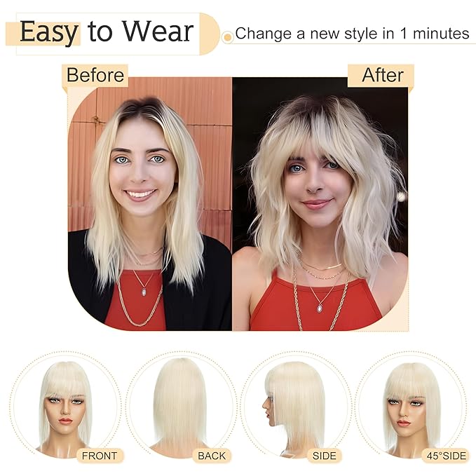 SEGO Hair Toppers for Women Real Human Hair With Bangs, 7 * 13CM Silk Base 100% Remy Human Hair Clip in Top Wiglet Hairpieces Add Volume -8 Inch Platinum Blonde