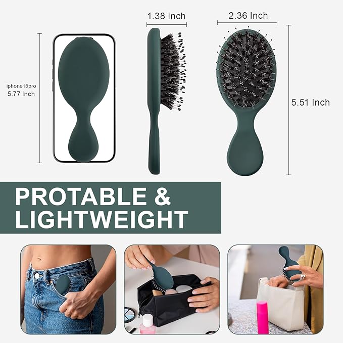 Mini Boar Bristles Hair Bursh, Travel Size Hair Brush for Women Men Kids, Protable Small Hair Brushes for Pockets Purses, Mini Hair Brush for Smooth Add Shine (1 Pack-Green)