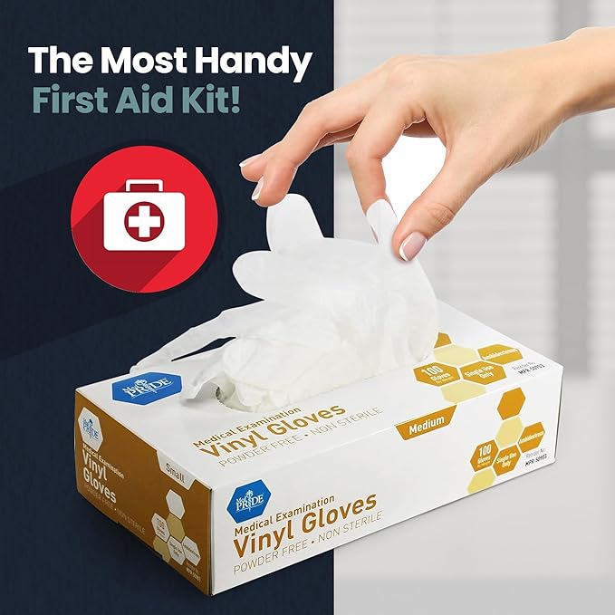 MED PRIDE Medical Vinyl Examination Gloves (Medium, 100-Count) Latex & Rubber Free, Ultra-Strong, Clear Disposable Powder-Free Gloves for Healthcare & Food Handling Use
