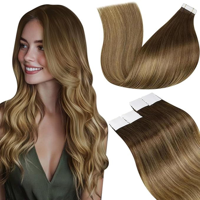 LaaVoo Tape in Hair Extensions Human Hair Balayage Hair Extensions Tape in Light Brown to Golden Brown Tape on Hair Extension Real Straight Hair 14inch 20pcs 50g