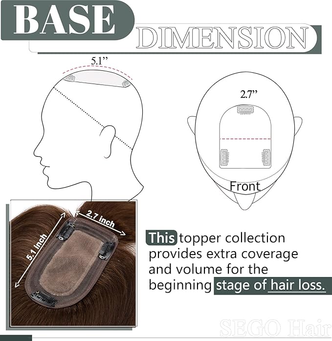 SEGO Hair Toppers for Women Real Human Hair with Thinning Hair, Toppers Hair Pieces Clip in Toppers Straight Hair Pieces with Front Bangs 150% Density Silk Base -14 Inch #4 Medium Brown
