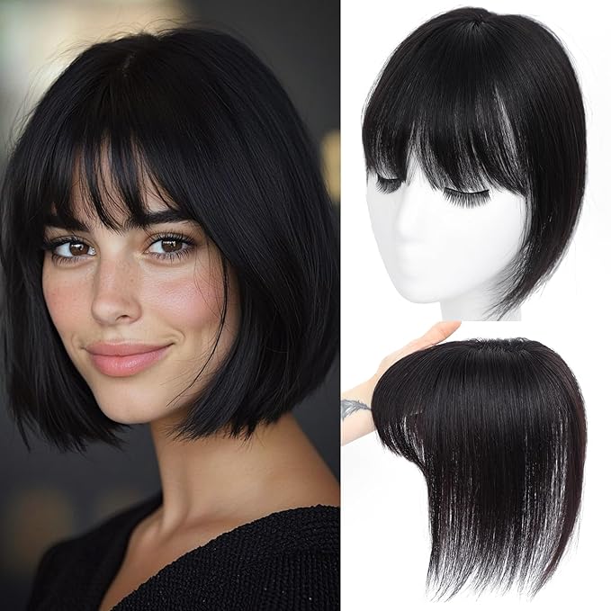 Hair Toppers for Women Real Human Hair Toppers for Women with Bangs 100% Real Human Bangs 10 inch Swiss Base Hairpieces for Thinning Hair（Natural Black）