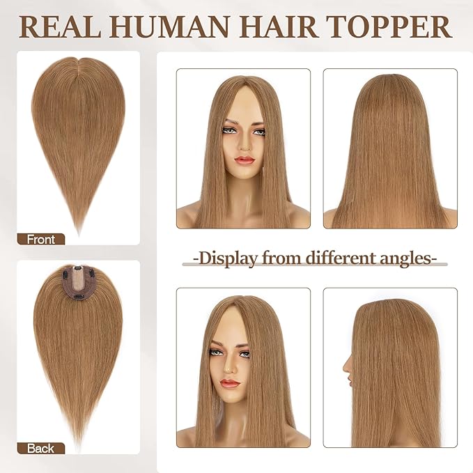 Rich Choices Hair Toppers for Women Real Human Hair 100% Human Remy Toppers NO Bangs for Women with Thinning on Top Clip in Hairpiece 4"x4.7"Lace Base 10 Inch #6 Light Brown