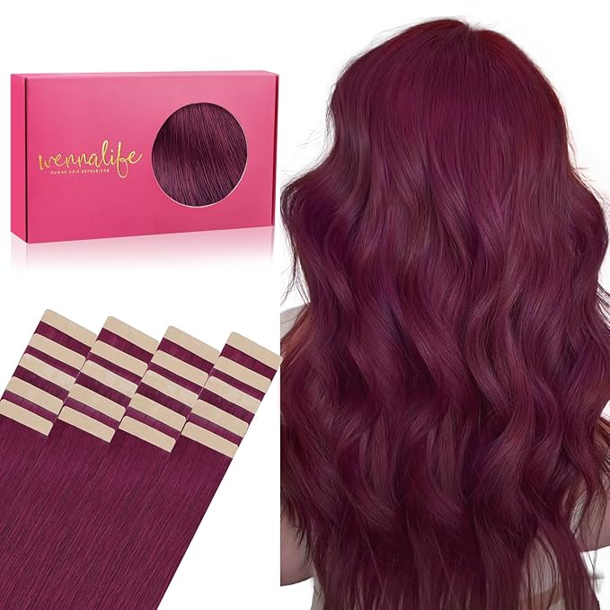 WENNALIFE Tape in Hair Extensions Human Hair, 20pcs 40g 12 inch Light Burgundy Remy Hair Extensions Straight Human Hair Tape in Extensions Skin Weft Tape Extensions Human Hair