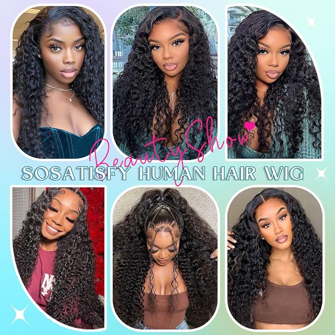 SOSATISFY 13x6 Deep Wave Lace Front Wigs Human Hair 200% Density Deep Wave Frontal Wigs HD Lace Curly Wigs for Black Women Pre Plucked with Baby Hair Curly Lace Front Wig Human Hair 20 Inch