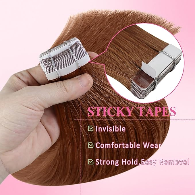 YoungSee Tape in Hair Extensions Human Hair Copper Human Hair Tape in Extensions Copper Tape-in Human Hair Extension 16Inch Short Tape-ins Hair Extension 20Pcs 50G