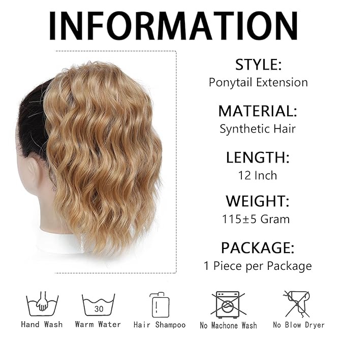 Ponytail Extension-12 Inch Drawstring Ponytail Hair Extensions for Women Synthetic Curly Wavy Fake Pony Tails Hair Pieces for Daily Party Use (Golden Blonde)