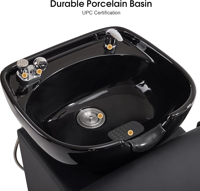 BarberPub Backwash Shampoo Station Chair with Porcelain Ceramic Hair Wash Bowl, Vacuum Breaker, Professional Black&Gold Shampoo Chair and Bowl Unit for Salon and Spa 8613 (Black)