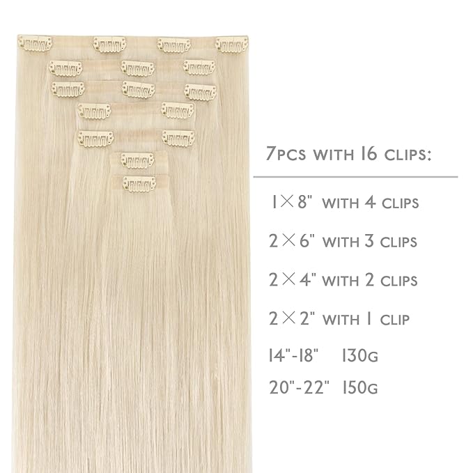 WENNALIFE Seamless Clip In Hair Extensions Human Hair, 20 Inch 150g 7pcs Platinum Blonde Real Hair Extensions Clip in Human Hair Invisible PU Skin Weft Natural Remy Human Hair Extensions