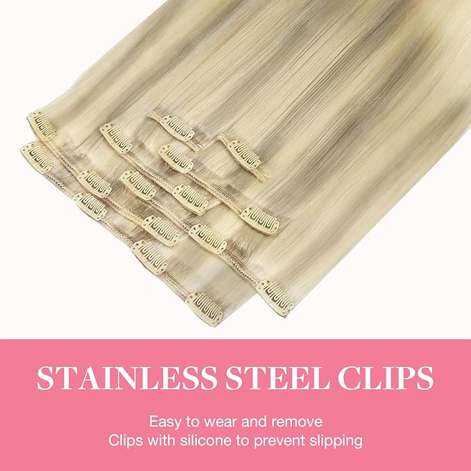 GOO GOO Clip in Hair Extensions Real Human Hair, Remy Human Hair Extensions Clip ins for Women, Natural Human Hair, 20inch 120g 7Pcs, 17/22/60 Balayage Ash Blonde to Golden Blonde and Platinum Blonde