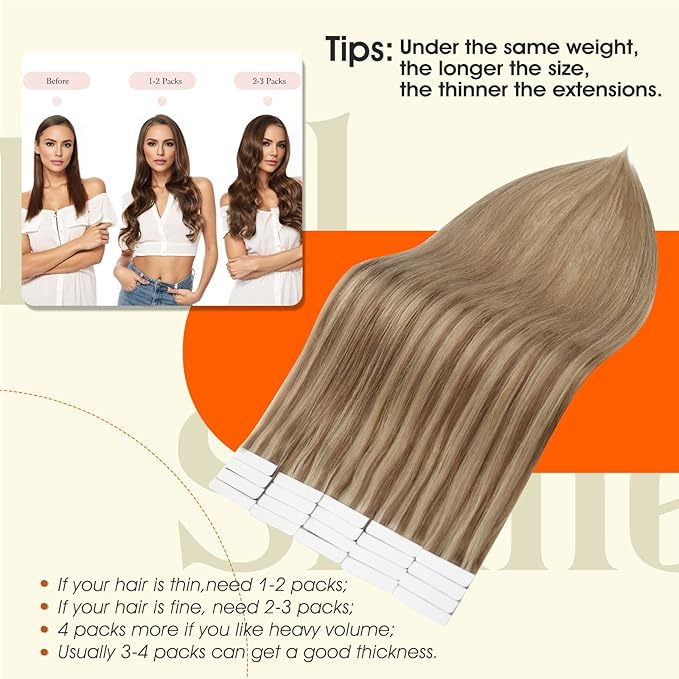 Full Shine Hair Extensions Real Human Hair Tape ins Long Remy Tape in Extensions Color Golden Brown And Golden Blonde 20Inch Invisible Skin Weft 50Gram Straight for Party Double Sided