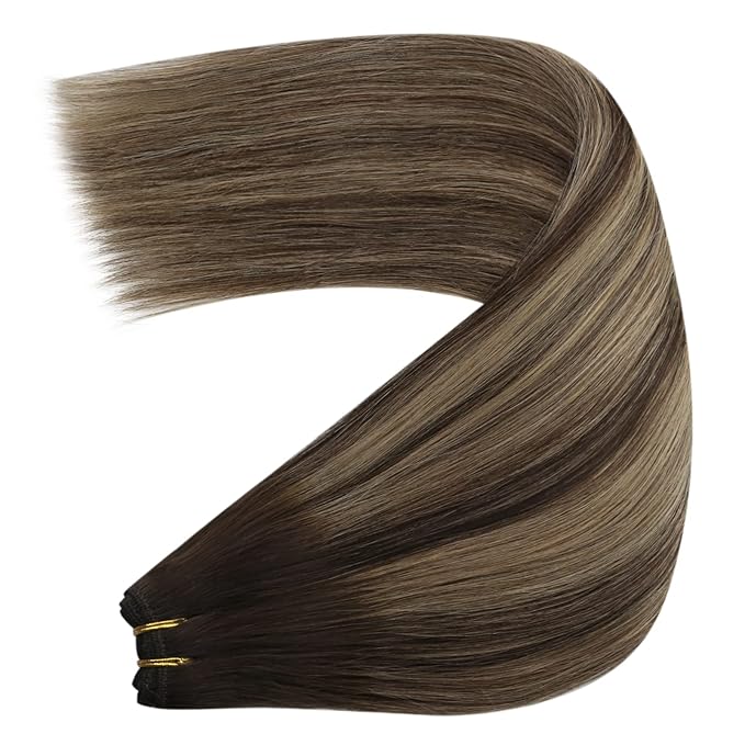 YoungSee 130G Weft Hair Extensions 24 inch Balayage Sew in Hair Extensions Dark Brown with Caramel Blonde Balayage Double Weft Human Hair Extension for Natural Look
