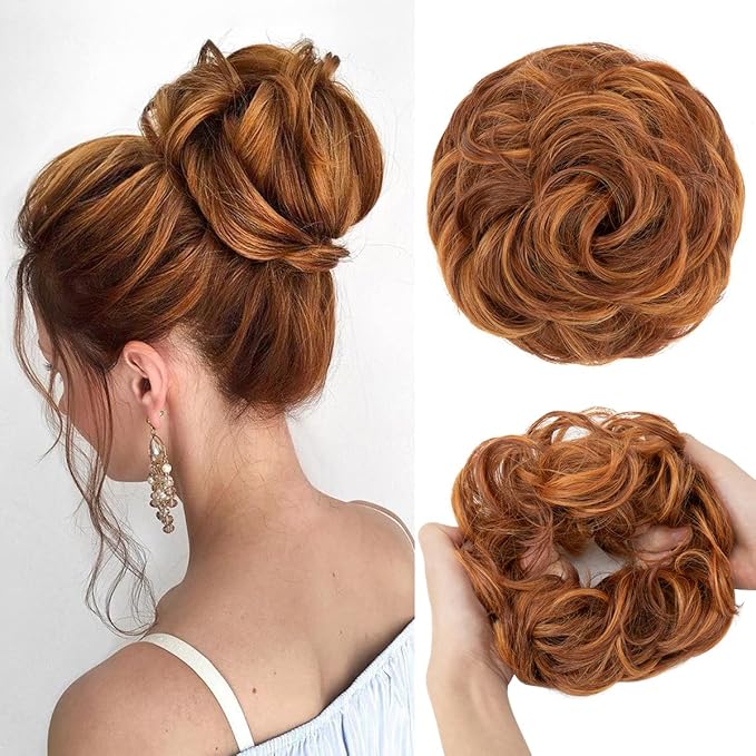 CJL HAIR Large Messy Bun Hair Piece Wavy Curly Scrunchies Synthetic Chignon Ponytail Hair Extensions Thick Updo Hairpieces for Women Tizian Red