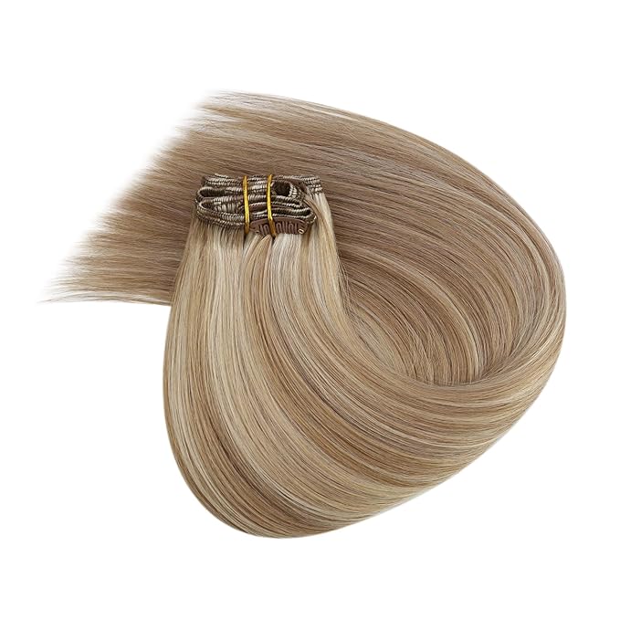 Ve Sunny Clip in Hair Extensions Real Human Hair Highlights Human Hair Clip in Extensions Dark Ash Blonde Highlights Light Blonde Real Hair Extensions Clip in Human Hair Comfortable 7pcs 20inch 120g